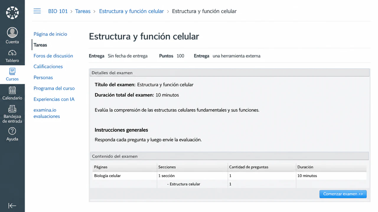 Una evaluación publicada de examina.io incrustada en una tarea de Canvas