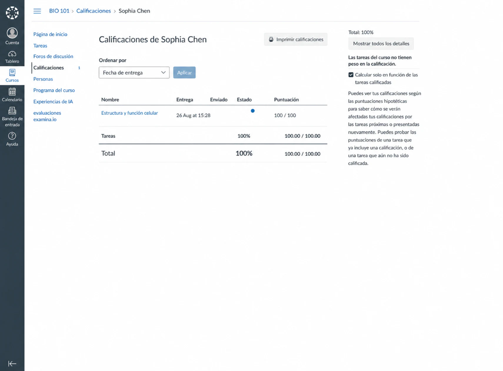La evaluación de examina.io completada enviada de vuelta al libro de calificaciones de Canvas
