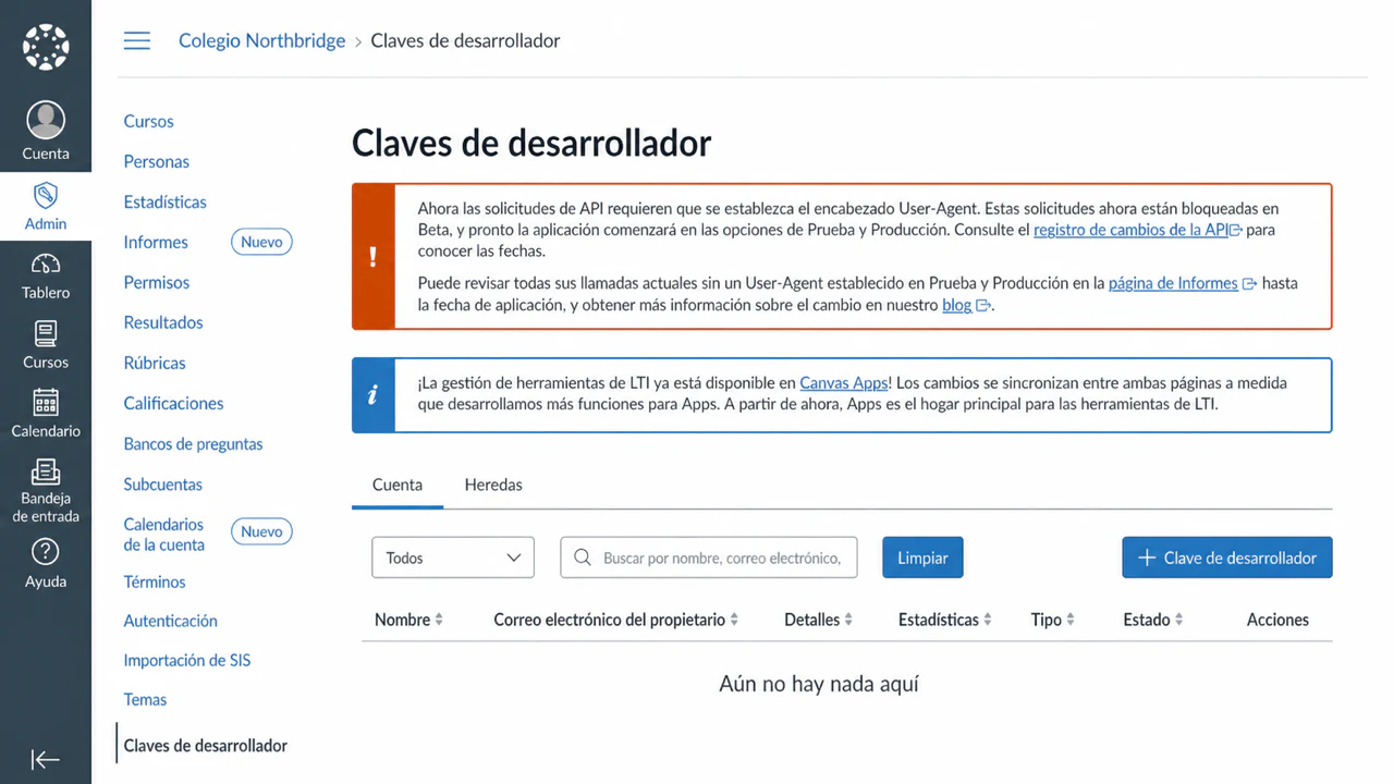 Abrir la página de Developer keys de Canvas