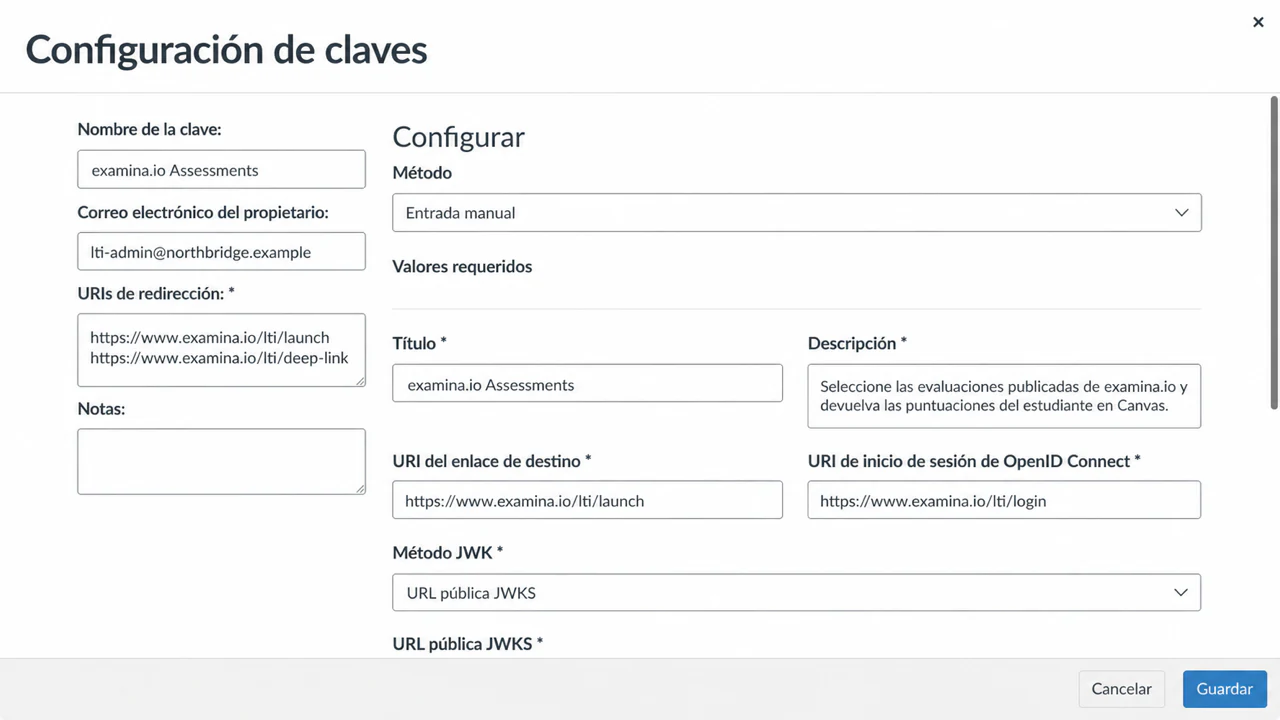Ingresar las URLs públicas de examina.io en una clave LTI de Canvas