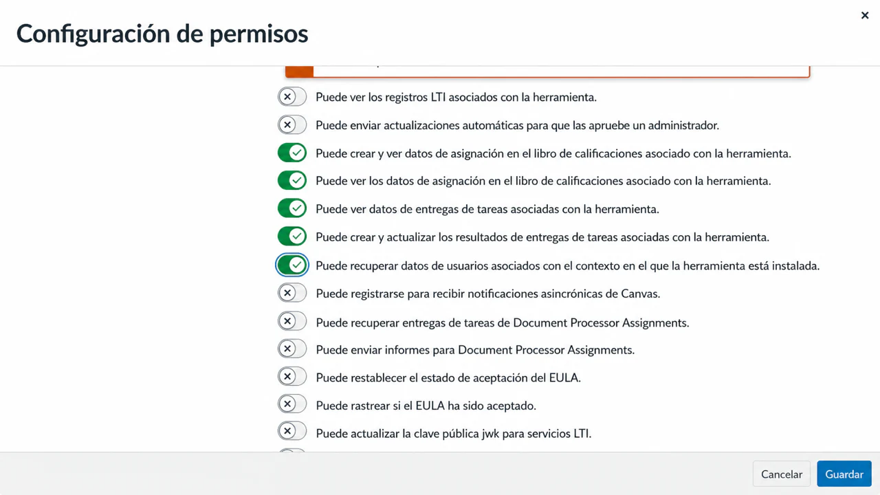 Seleccionar los alcances de AGS de Canvas y NRPS opcionales