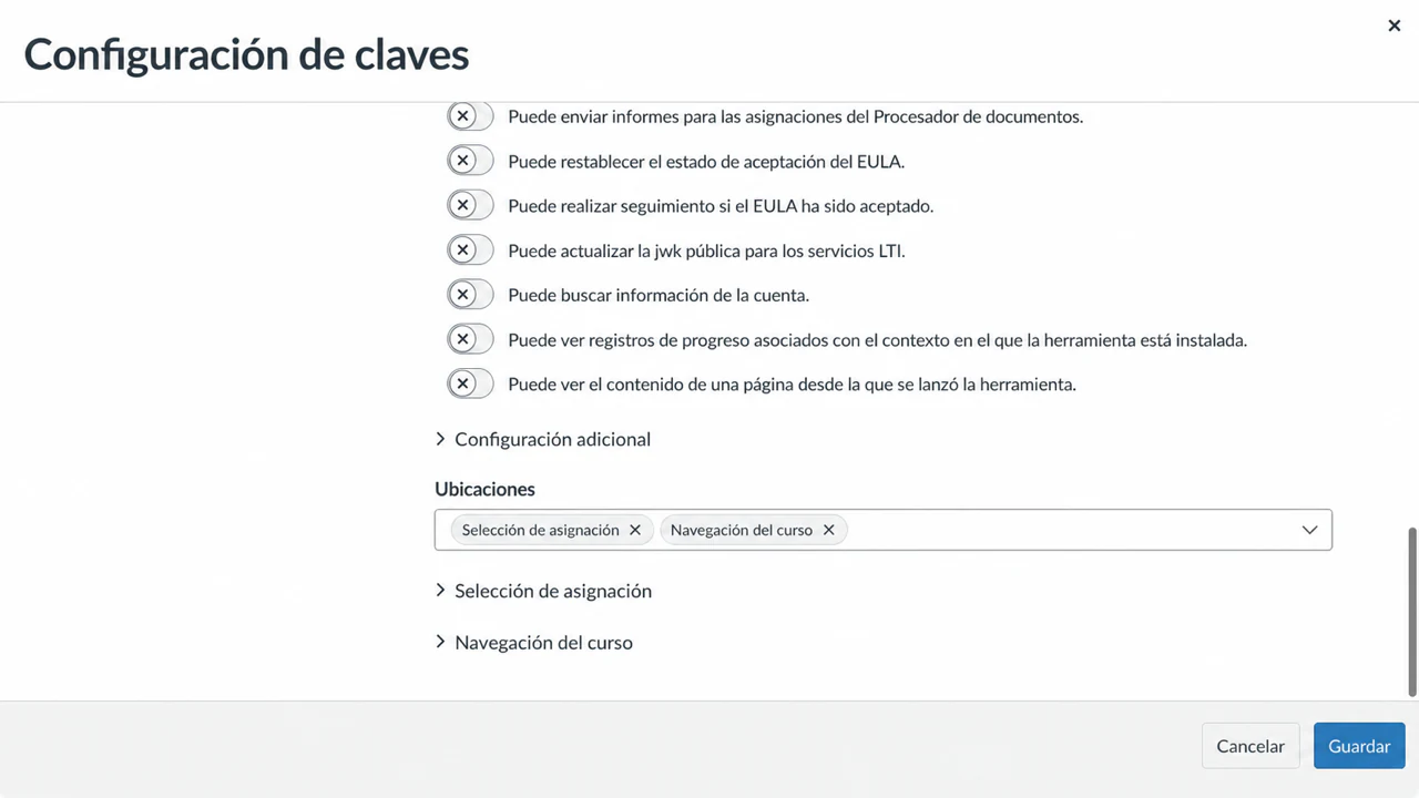 Agregar ubicaciones de Assignment Selection y Course Navigation opcional
