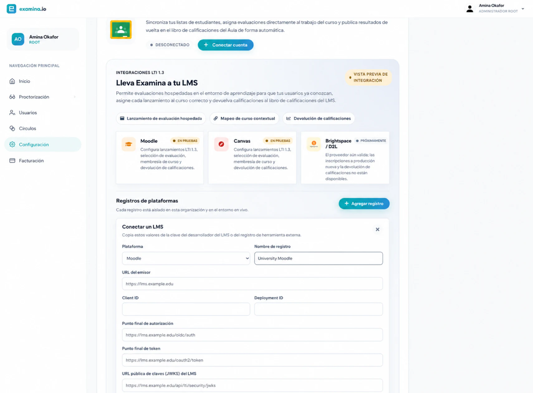 Agrega un registro de Moodle LTI 1.3 en examina.io