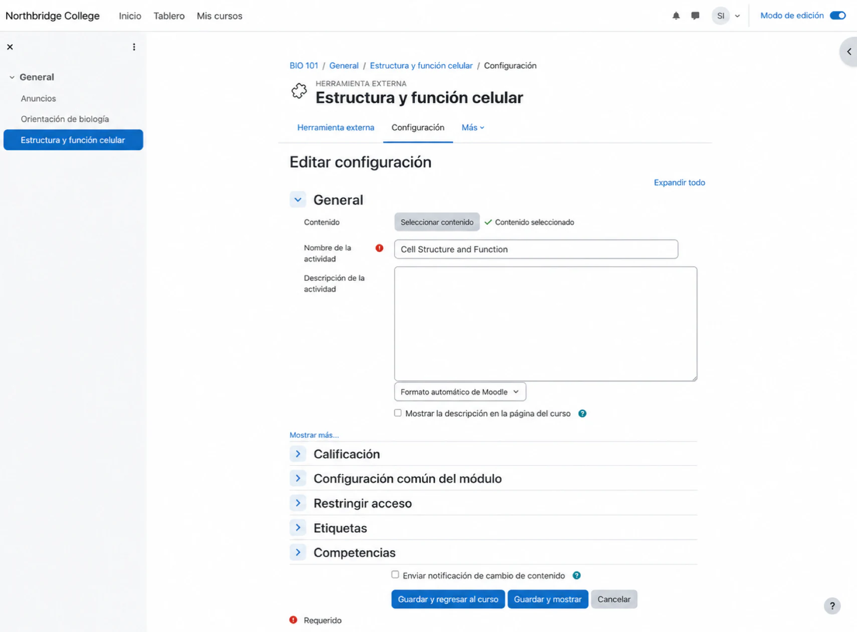 Configura una actividad de herramienta externa en un curso de Moodle