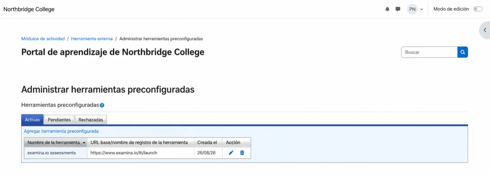 La herramienta activa de Moodle utilizando la URL de inicio en producción de examina.io