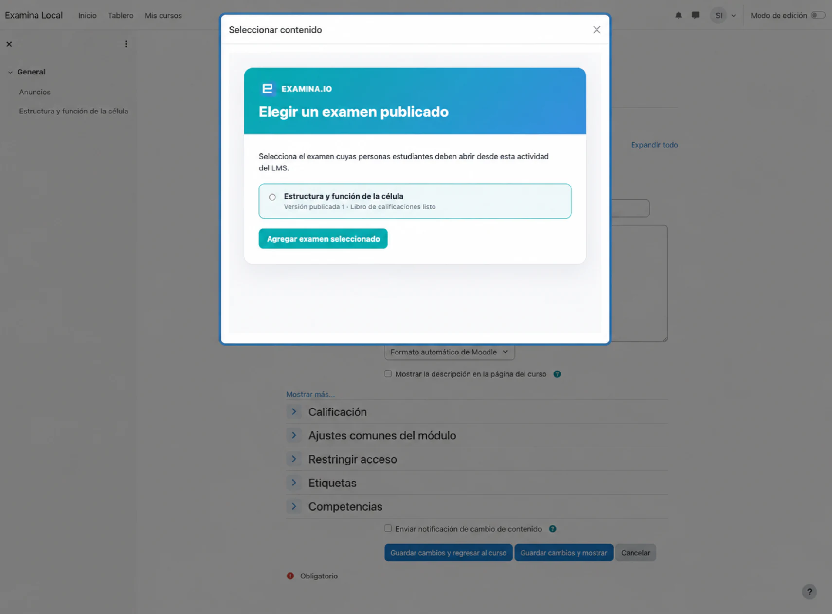 Selecciona una evaluación publicada de examina.io desde Moodle