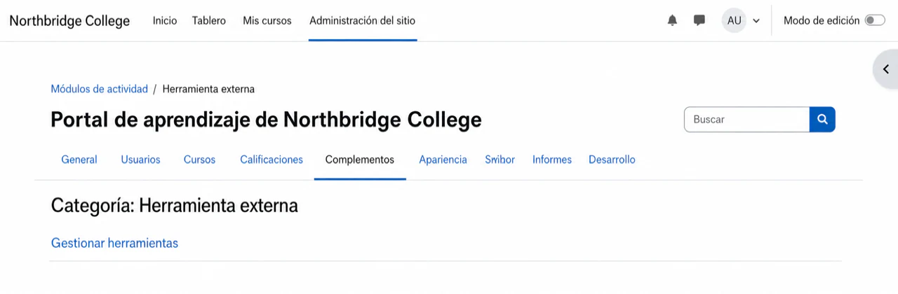 Abre Gestionar herramientas desde la configuración de Herramienta externa de Moodle