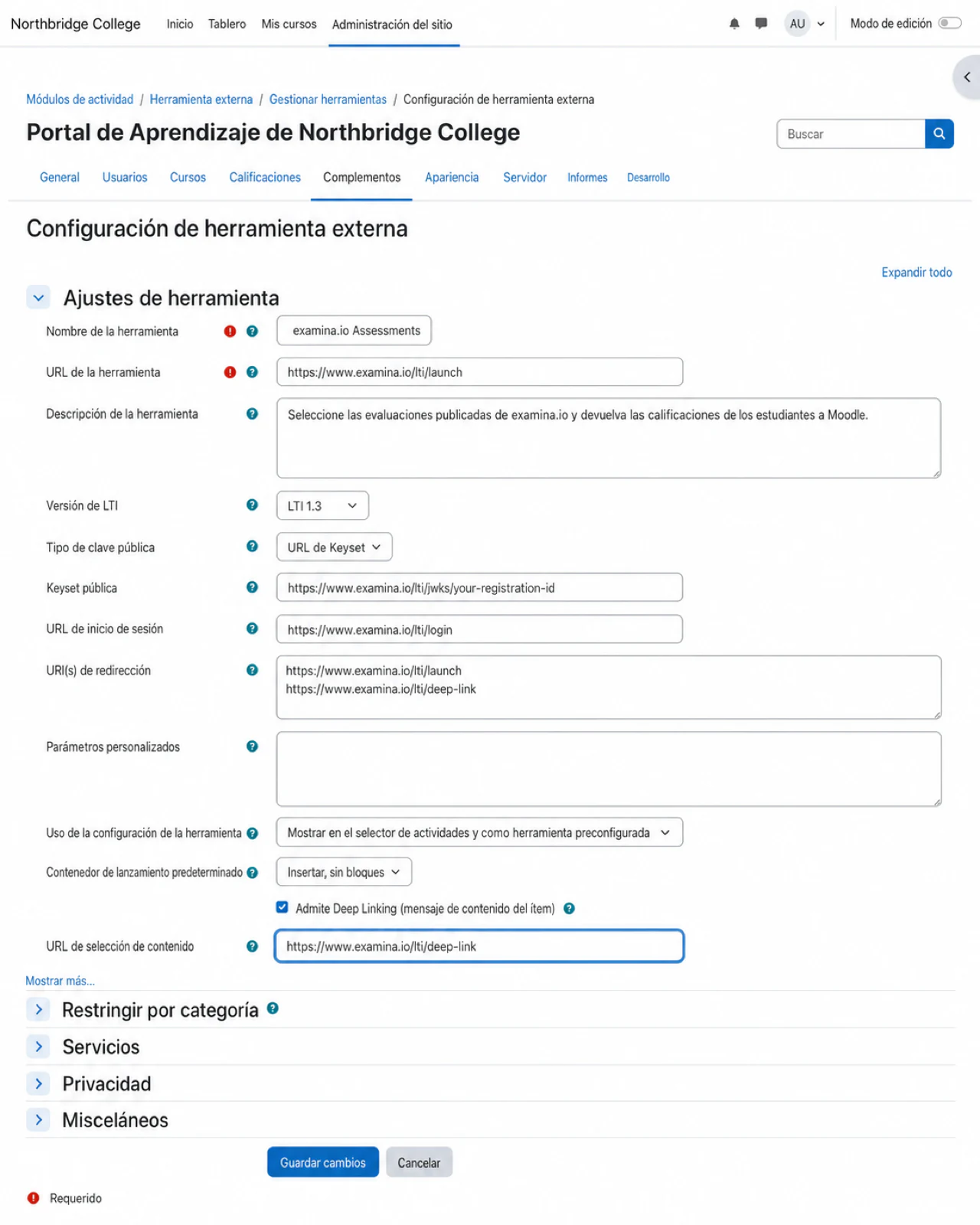 Ingresa los puntos de enlace públicos de examina.io en Moodle