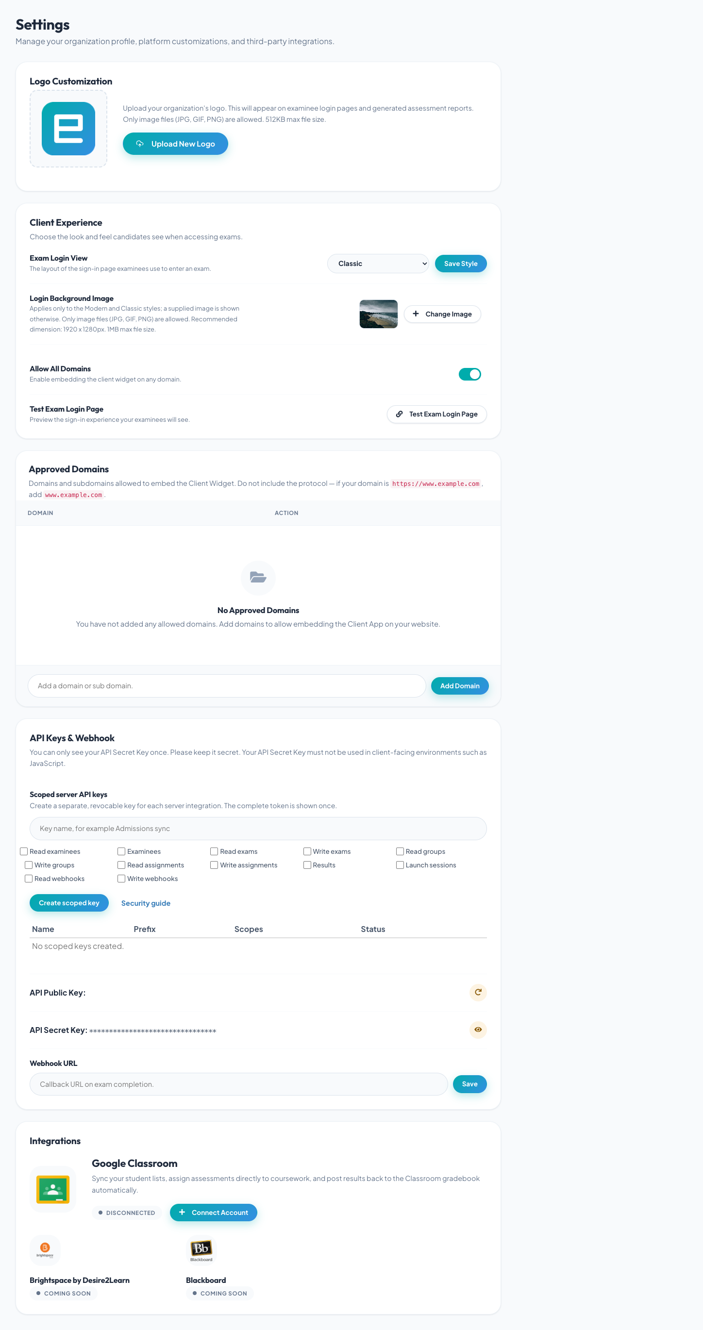 Paramètres de l'organisation pour les domaines, la marque, les clés API et le webhook