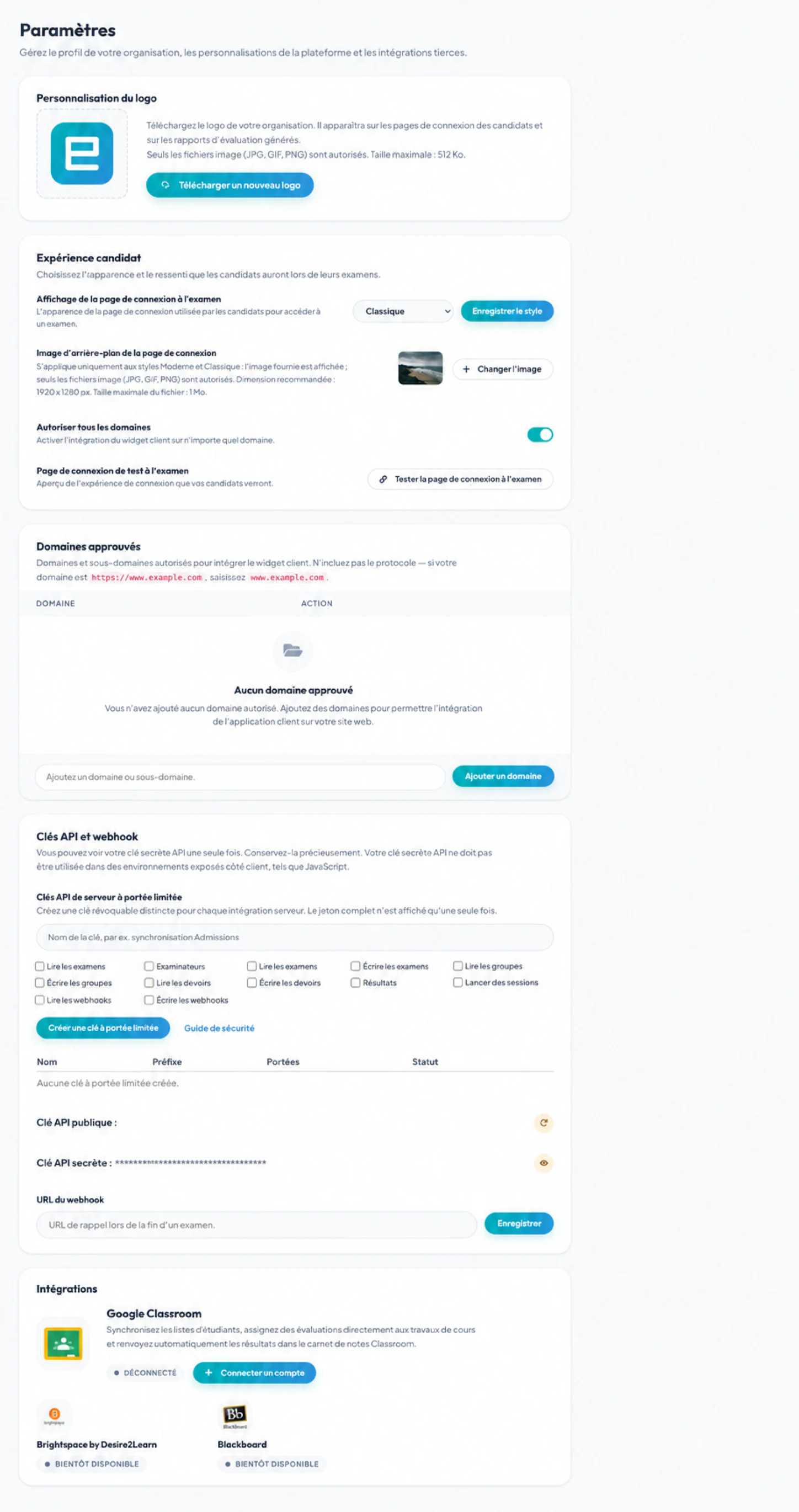 Paramètres de l'organisation pour les domaines, la marque, les clés API et le webhook