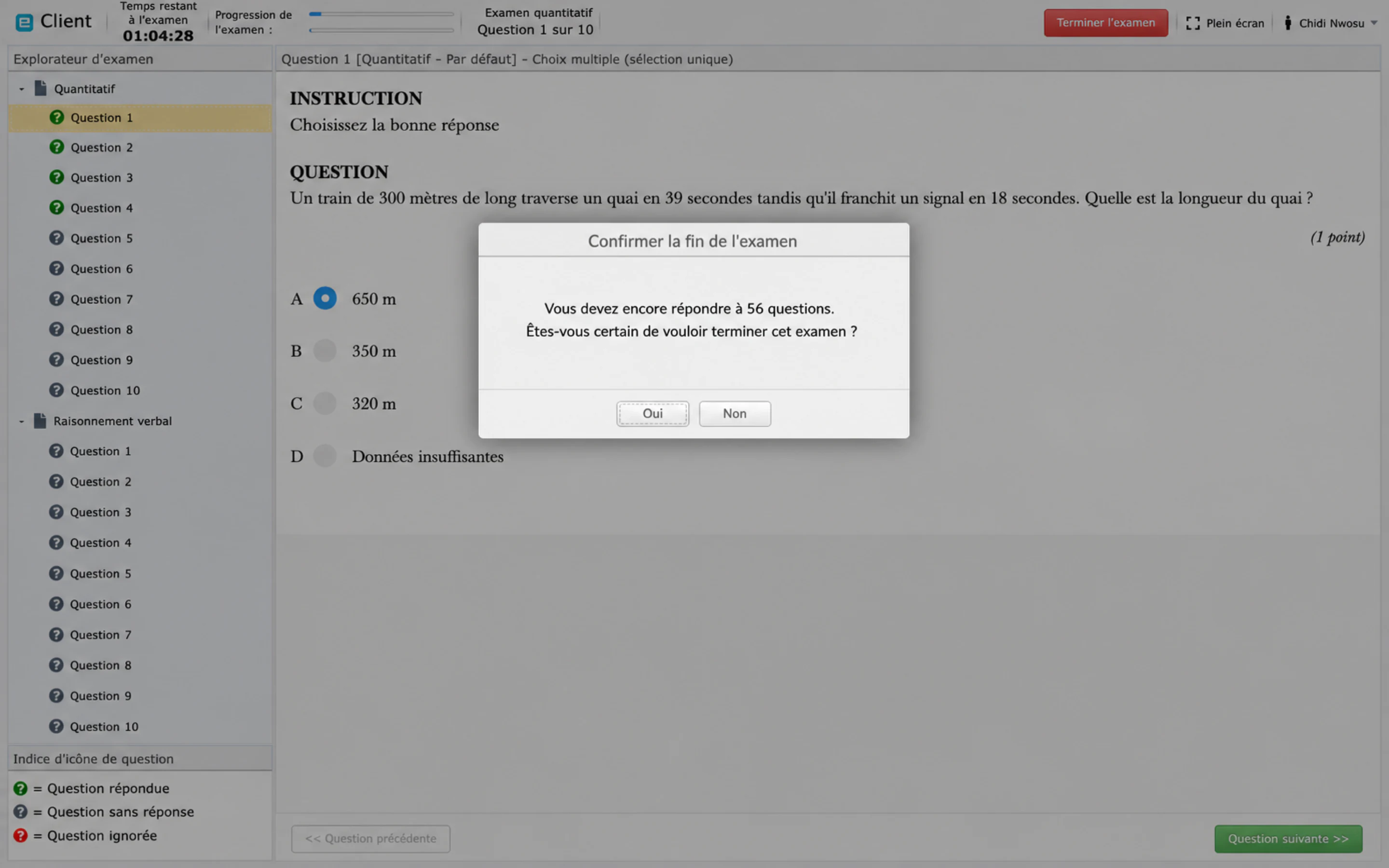 La confirmation de fin, avertissement concernant les questions sans réponse
