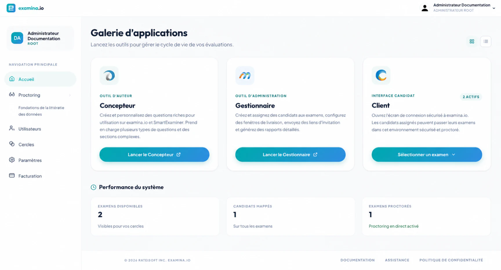 La galerie d'applications examina.io affiche Designer, Manager et Client