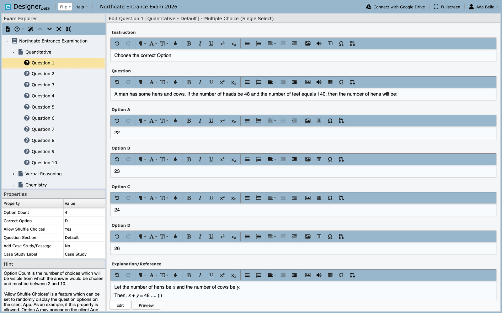 L'éditeur de questions, avec instructions, questions, options et explication