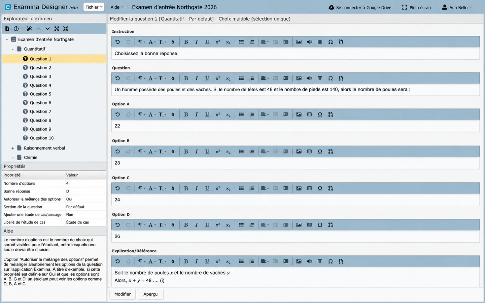 L'éditeur de questions, avec instructions, questions, options et explication