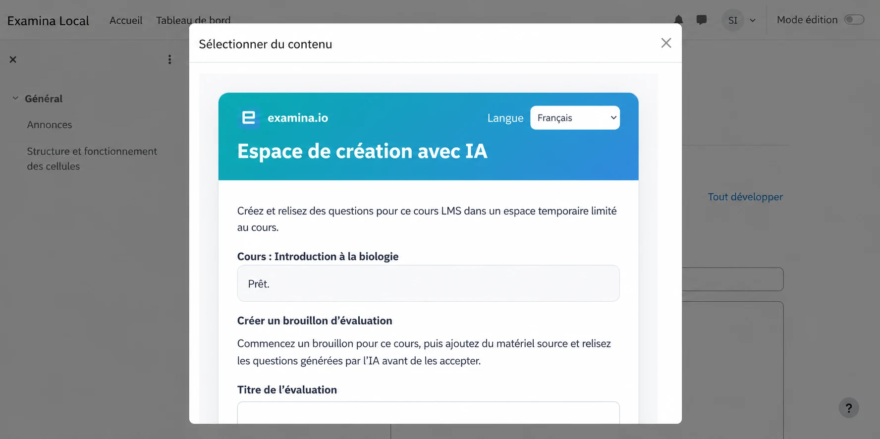 Commencer un brouillon de cours dans l’espace de création avec l’IA