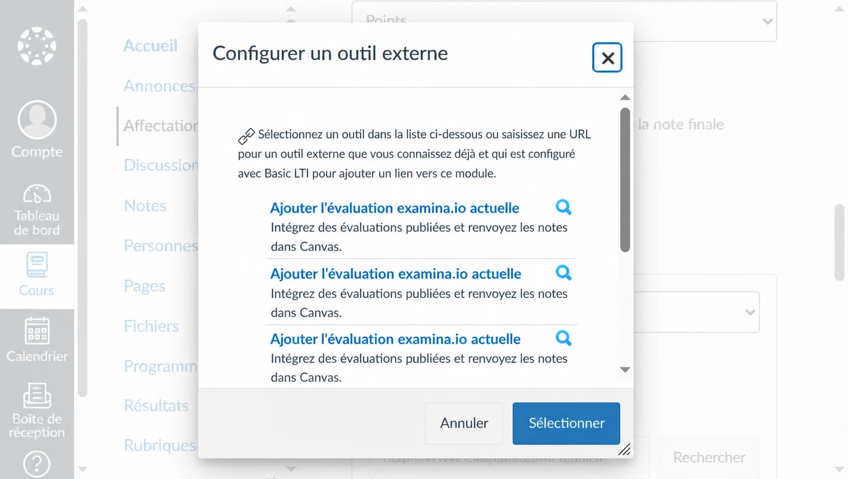 Ouvrir examina.io depuis un devoir Canvas utilisant un outil externe