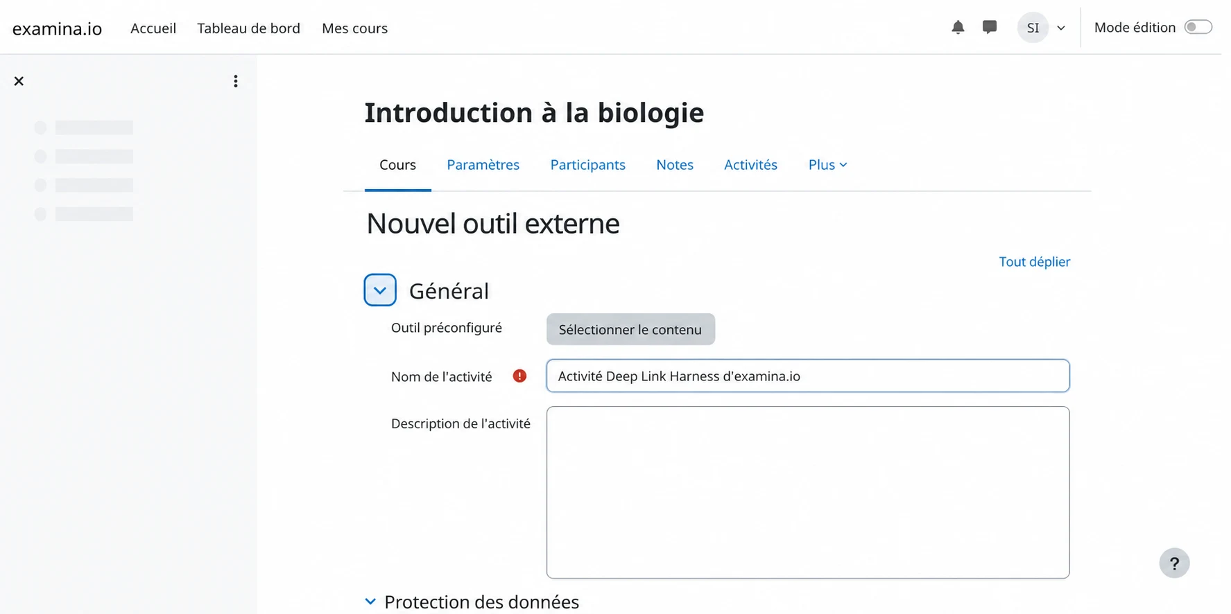 Ouvrir la sélection de contenu examina.io depuis Moodle