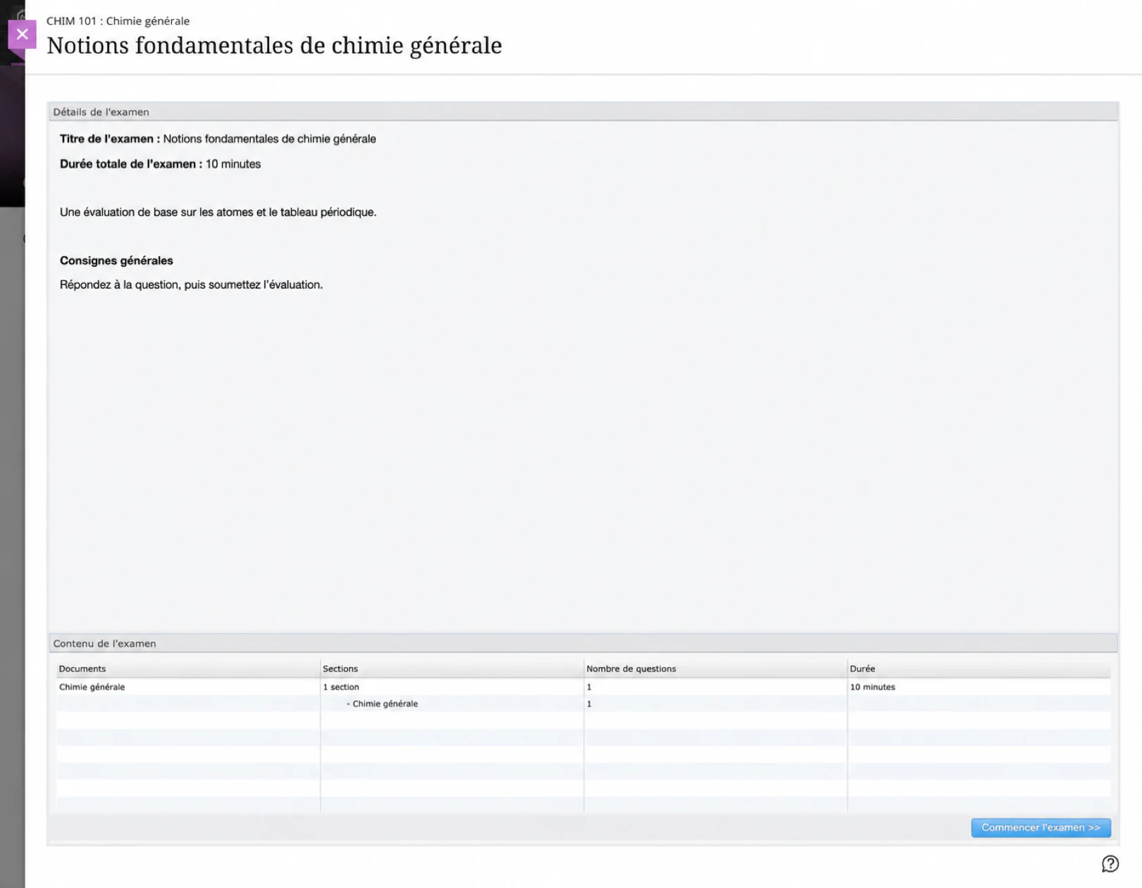 Fondamentaux de chimie générale ouverts à un apprenant dans Blackboard Ultra
