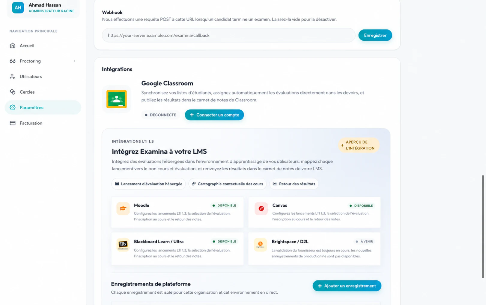 Ouvrez la zone d'intégration LMS dans examina.io Paramètres