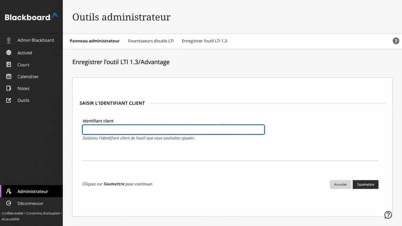 Entrez l'ID de candidature Examina dans Blackboard