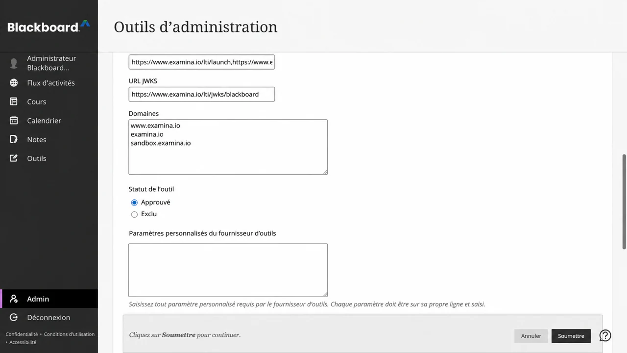 Examinez les domaines de production Examina et approuvez l'outil