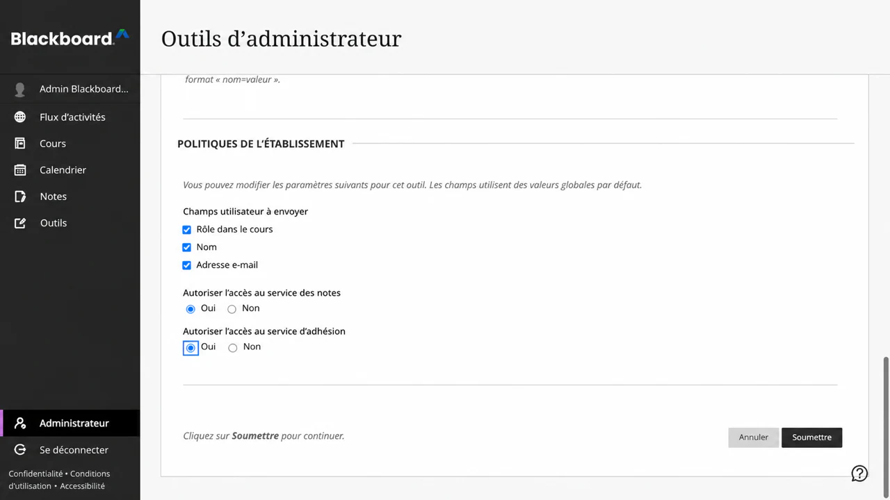 Approuver les champs de l'apprenant, le service de note et le service d'adhésion facultatif