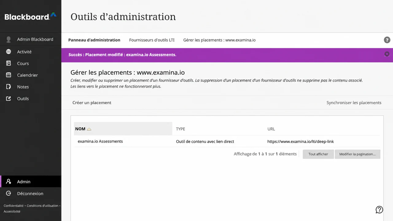 Confirmez le placement du lien profond des évaluations examina.io