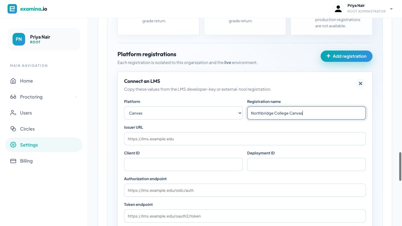Ajouter un enregistrement Canvas LTI 1.3 dans examina.io