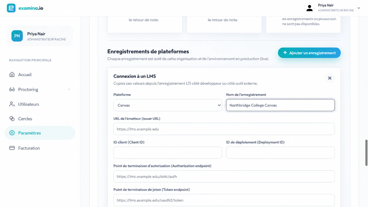 Ajouter un enregistrement Canvas LTI 1.3 dans examina.io
