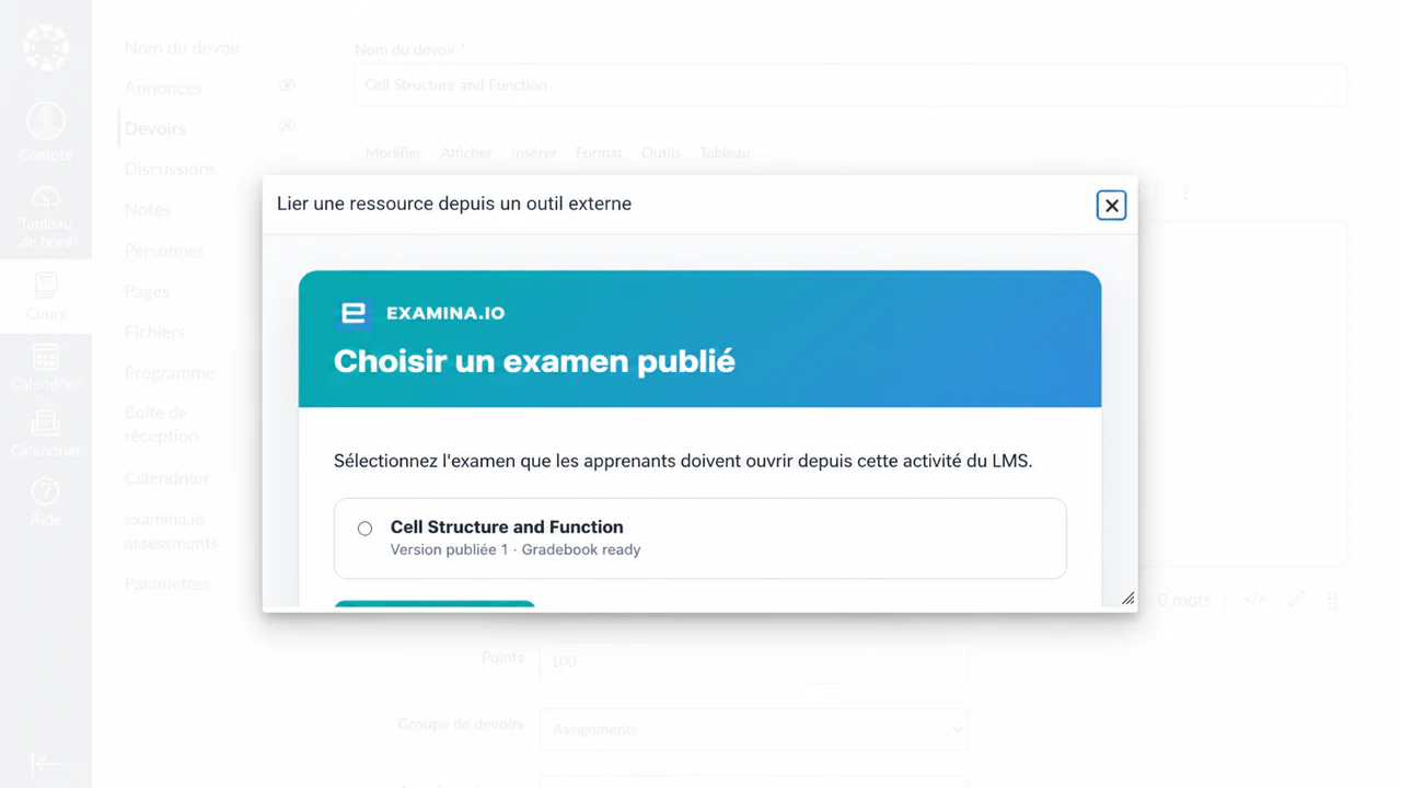 Choisissez une évaluation examina.io publiée dans Canvas