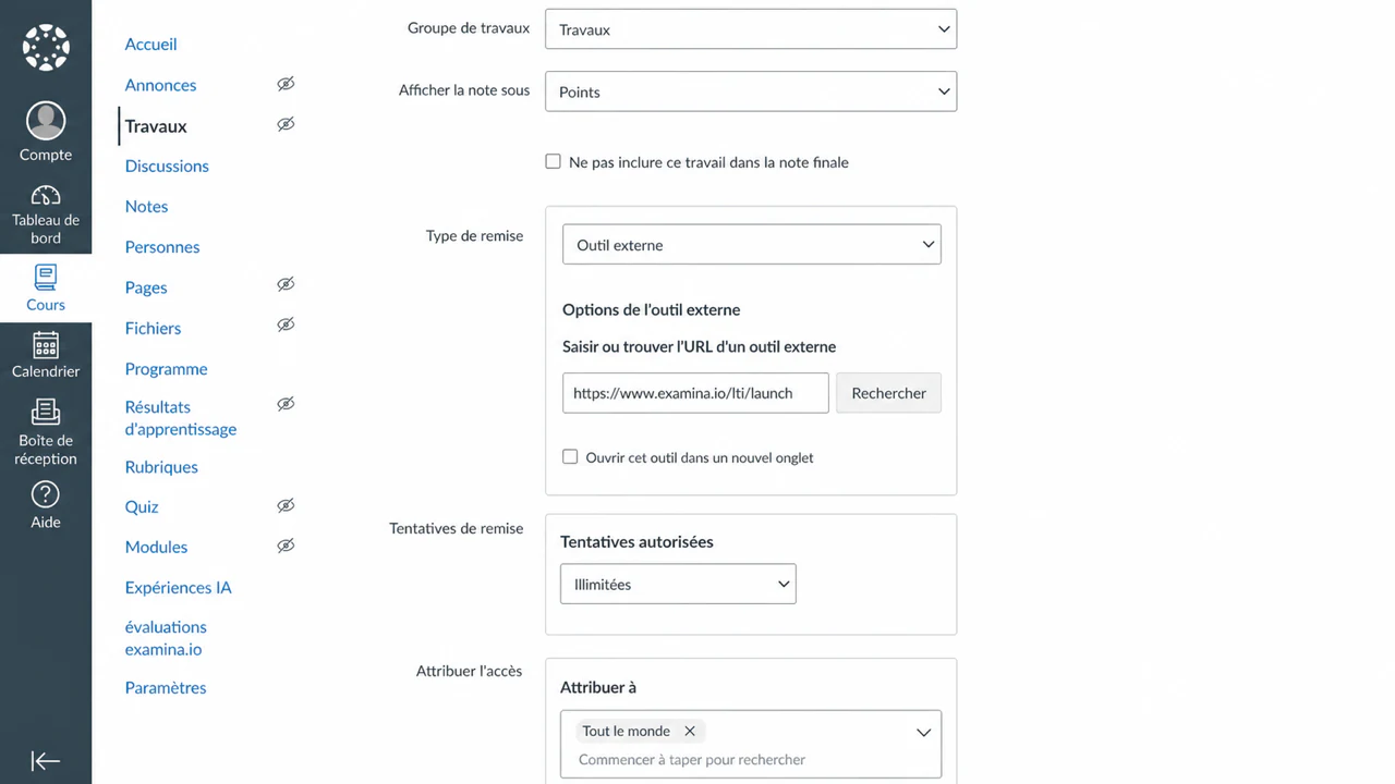 Une affectation d'outil externe Canvas utilisant l'URL de lancement de production examina.io