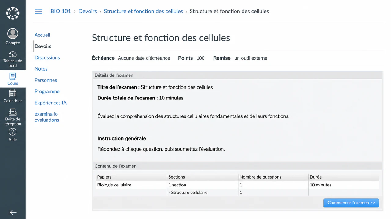 Une évaluation examina.io publiée intégrée dans un devoir Canvas