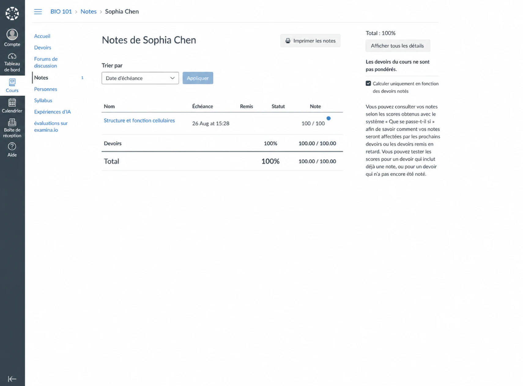 L'évaluation examina.io terminée a été renvoyée dans le carnet de notes Canvas