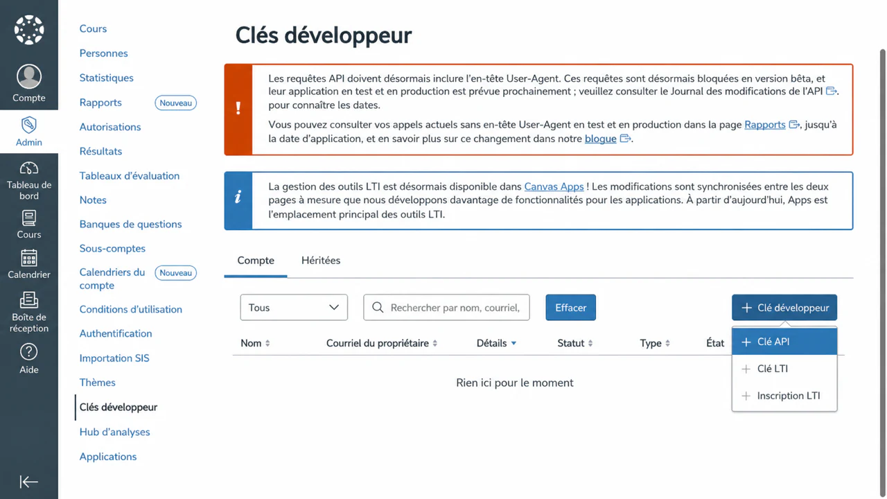 Choisissez la clé LTI dans le menu Clé du développeur Canvas