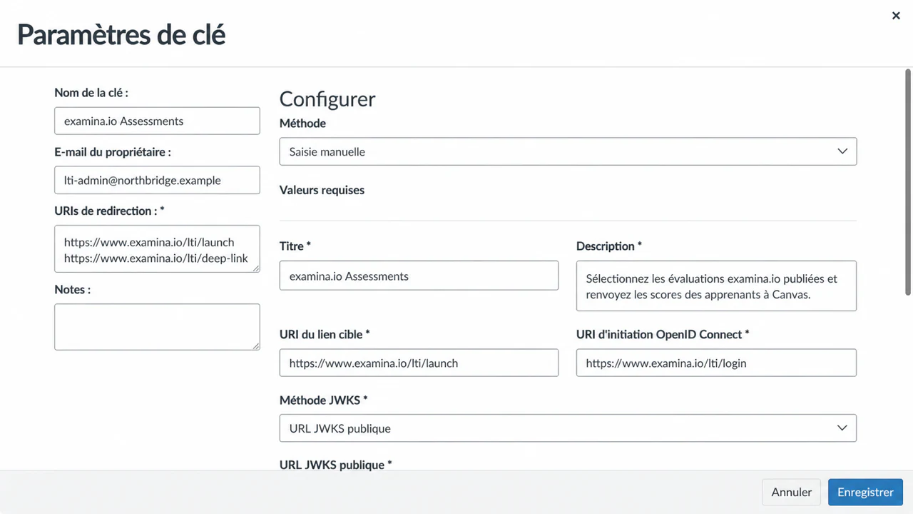 Entrez les URL publiques examina.io dans une clé Canvas LTI