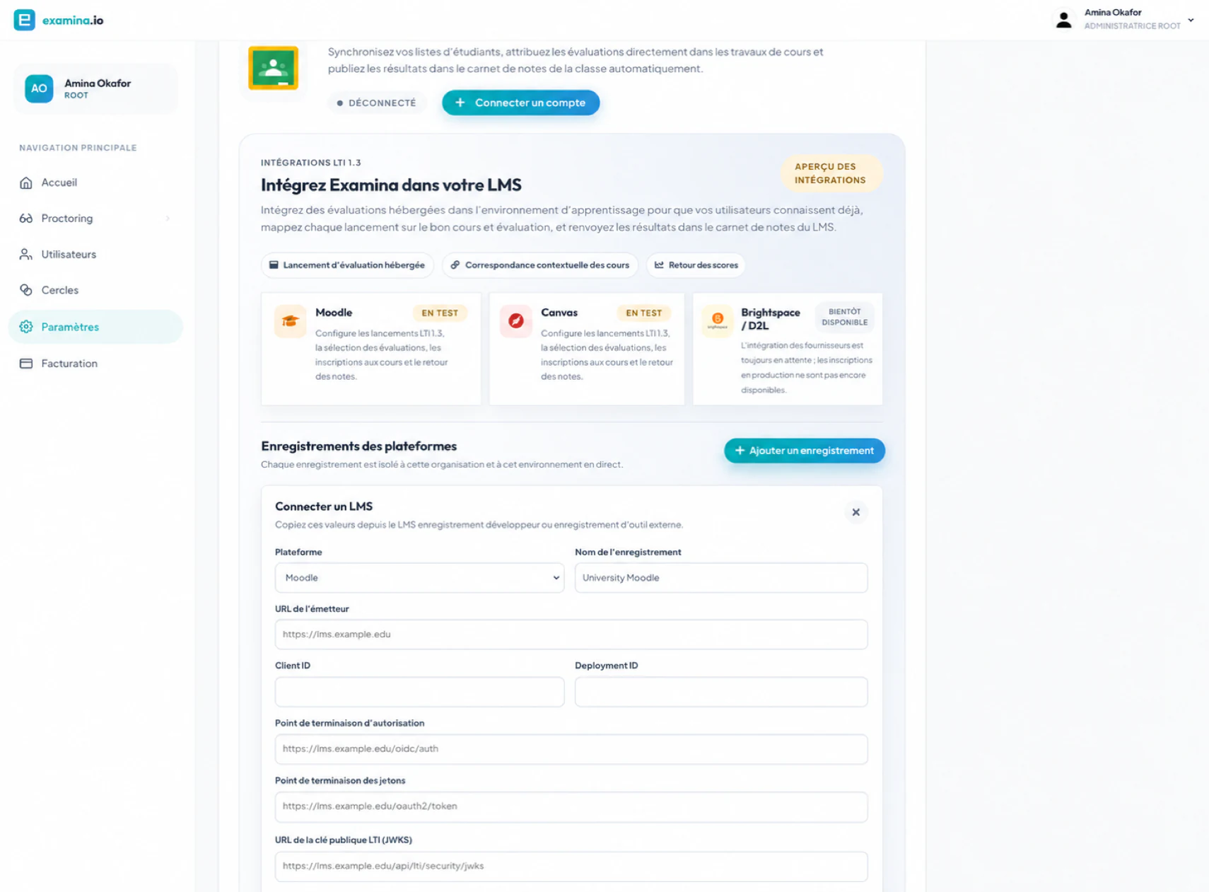 Ajouter un enregistrement Moodle LTI 1.3 dans examina.io