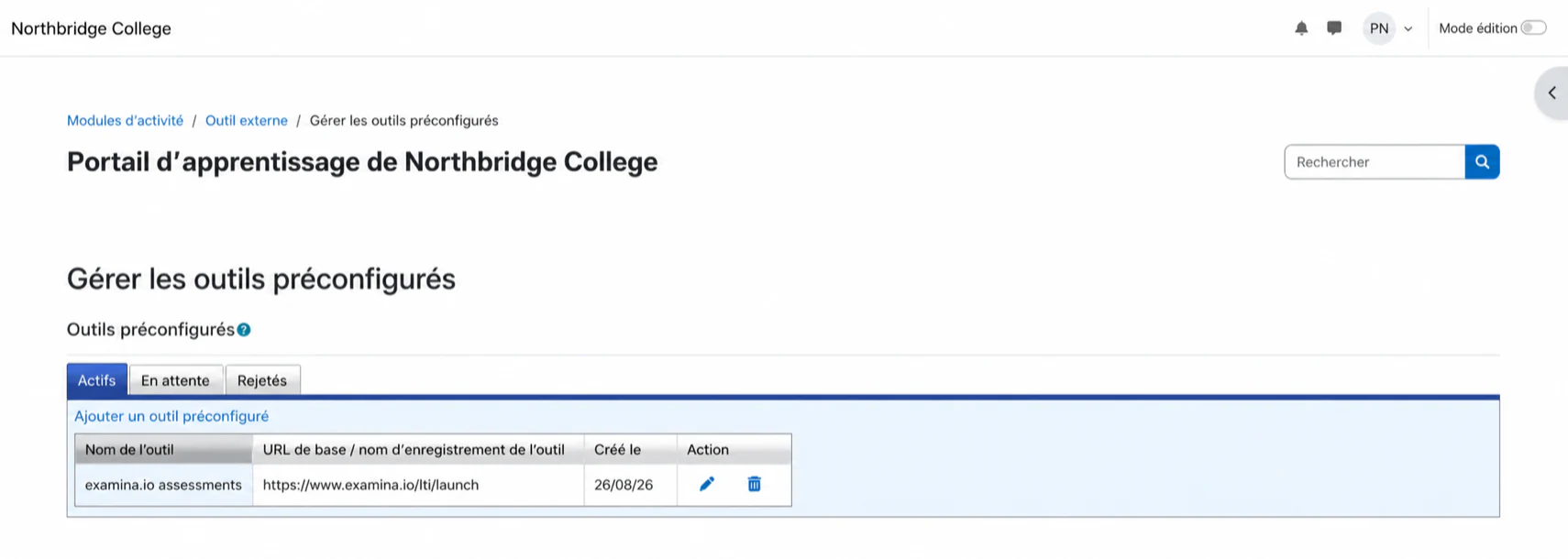 L'outil actif Moodle utilisant l'URL de lancement de production examina.io
