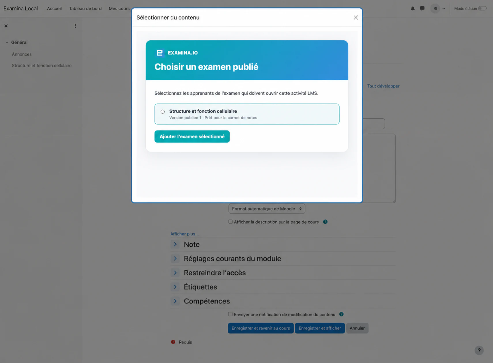 Sélectionnez une évaluation examina.io publiée dans Moodle