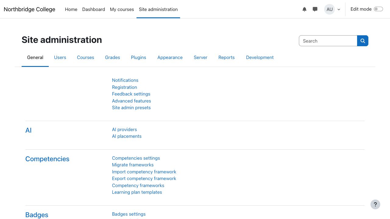 Ouvrir l'administration du site dans Moodle