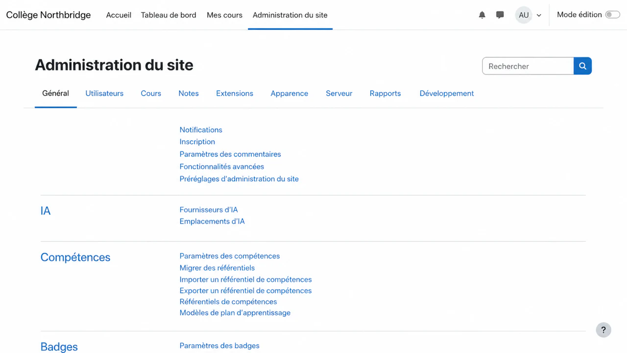 Ouvrir l'administration du site dans Moodle