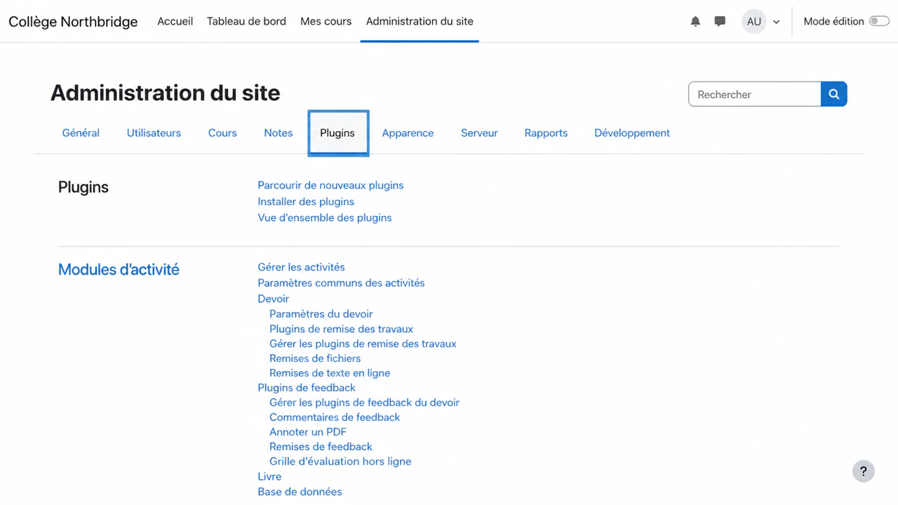 Trouver des modules d'activité sur la page Plugins de Moodle
