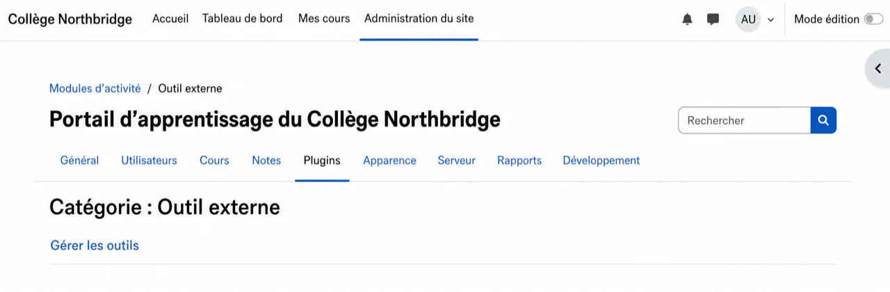 Ouvrez Gérer les outils à partir des paramètres des outils externes de Moodle
