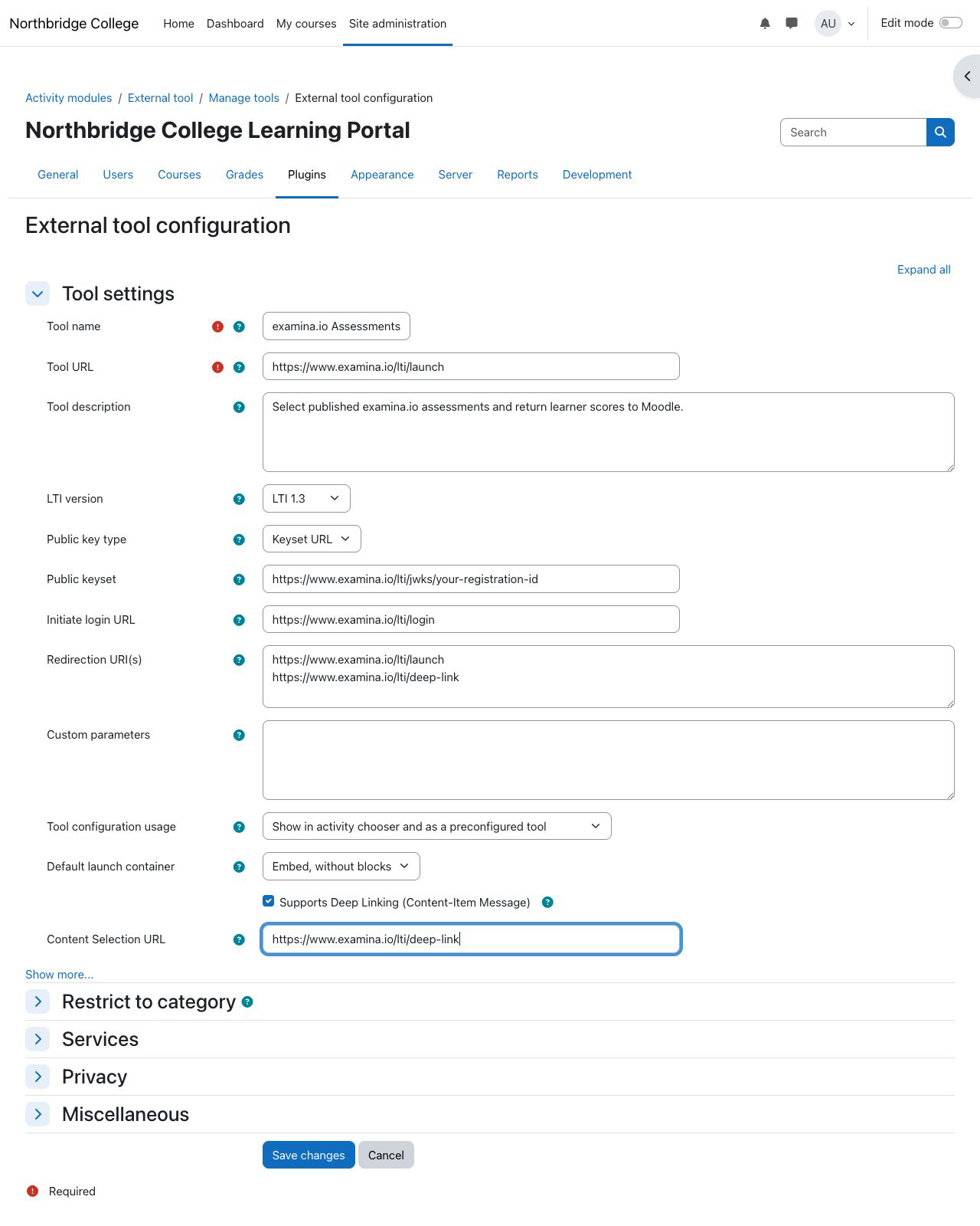 Entrez les points de terminaison publics examina.io dans Moodle