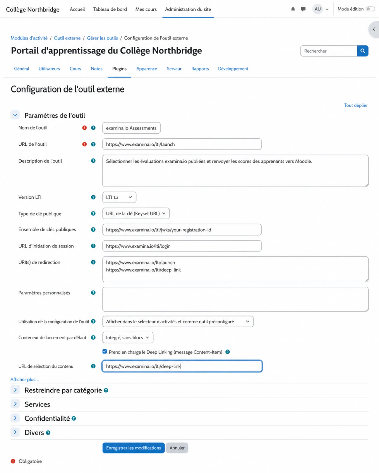 Entrez les points de terminaison publics examina.io dans Moodle