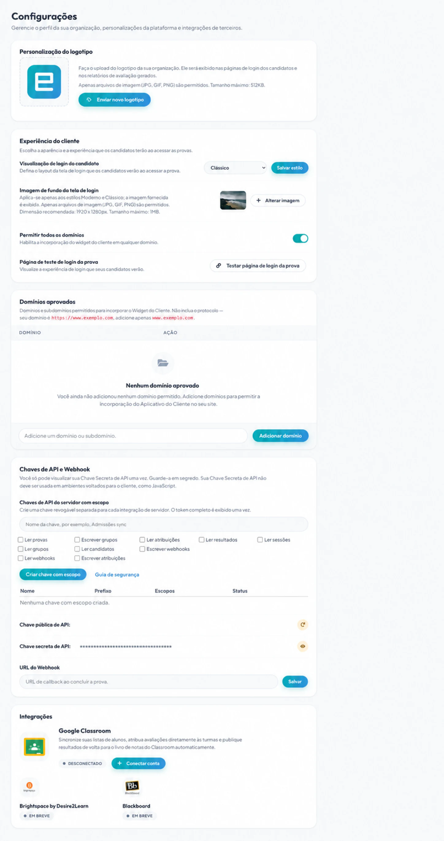 Configurações da organização para domínios, marca, chaves de API e webhook