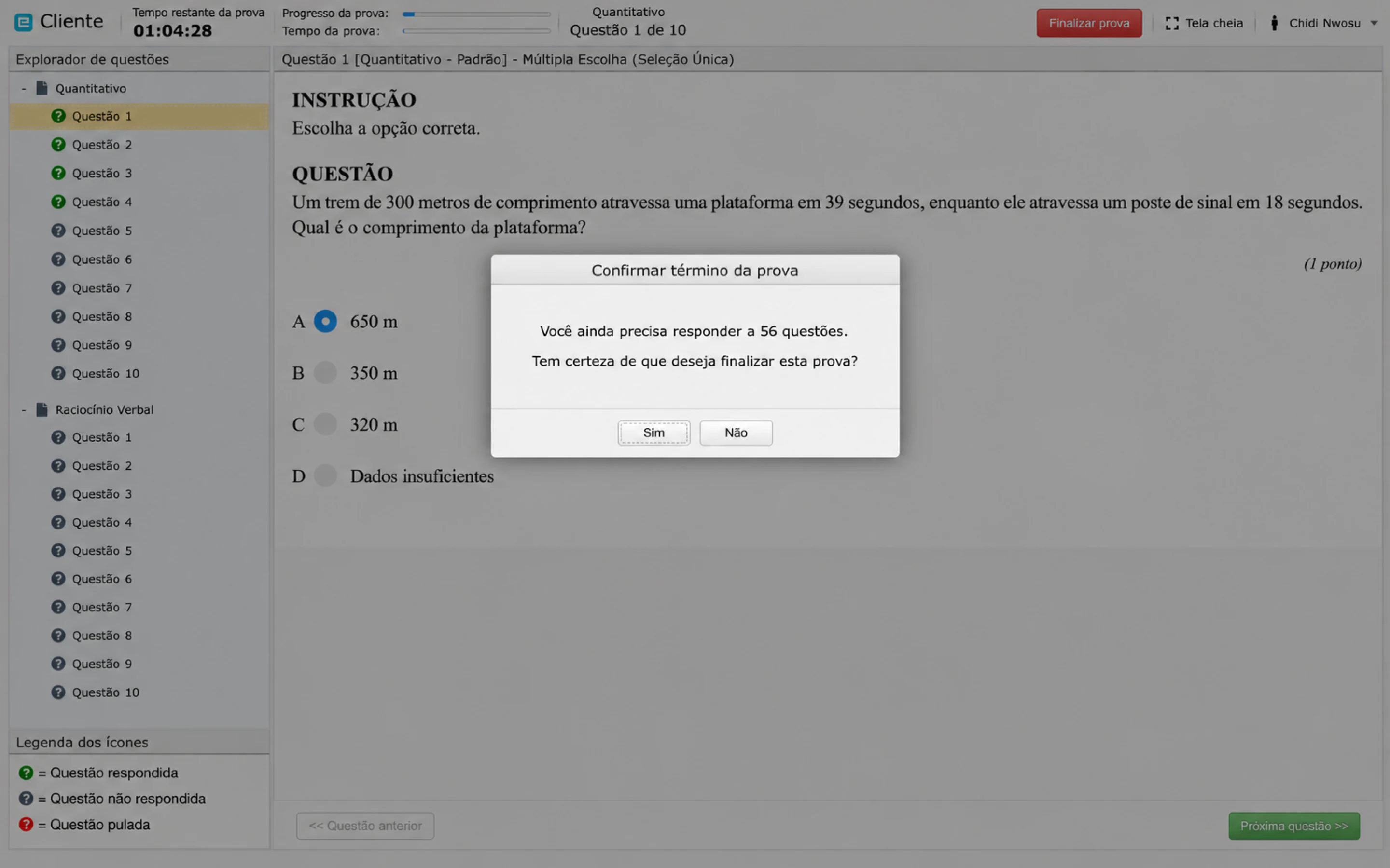 A confirmação de término, alertando sobre questões não respondidas