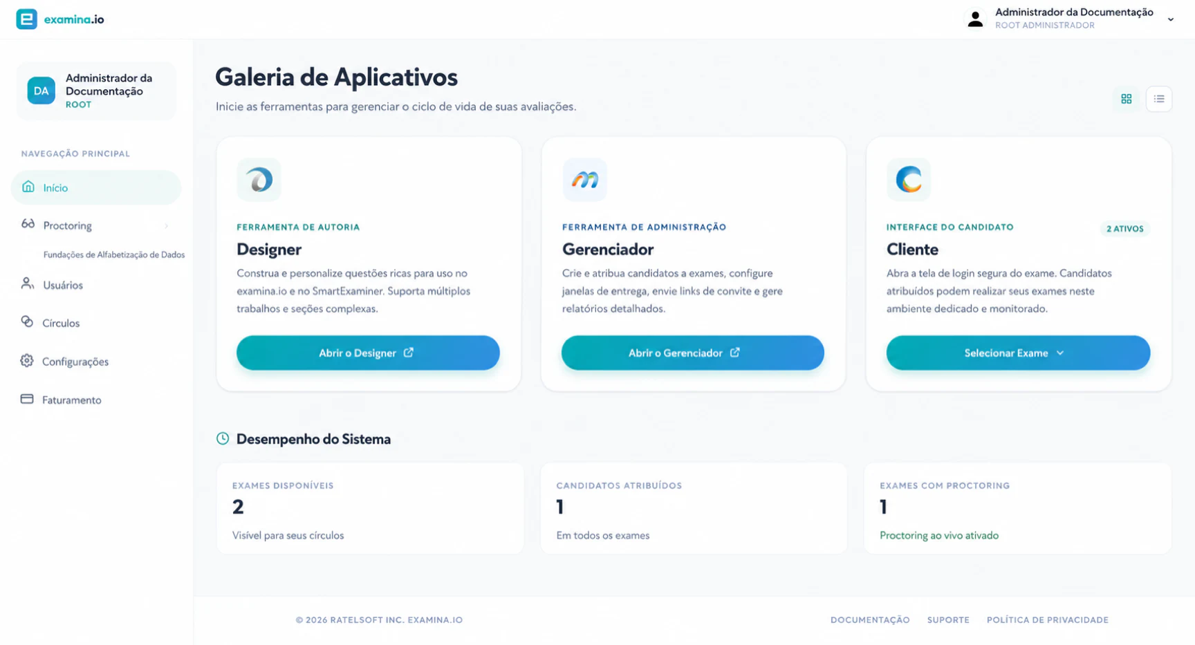 A galeria de aplicativos do examina.io mostra o Designer, o Manager e o Client
