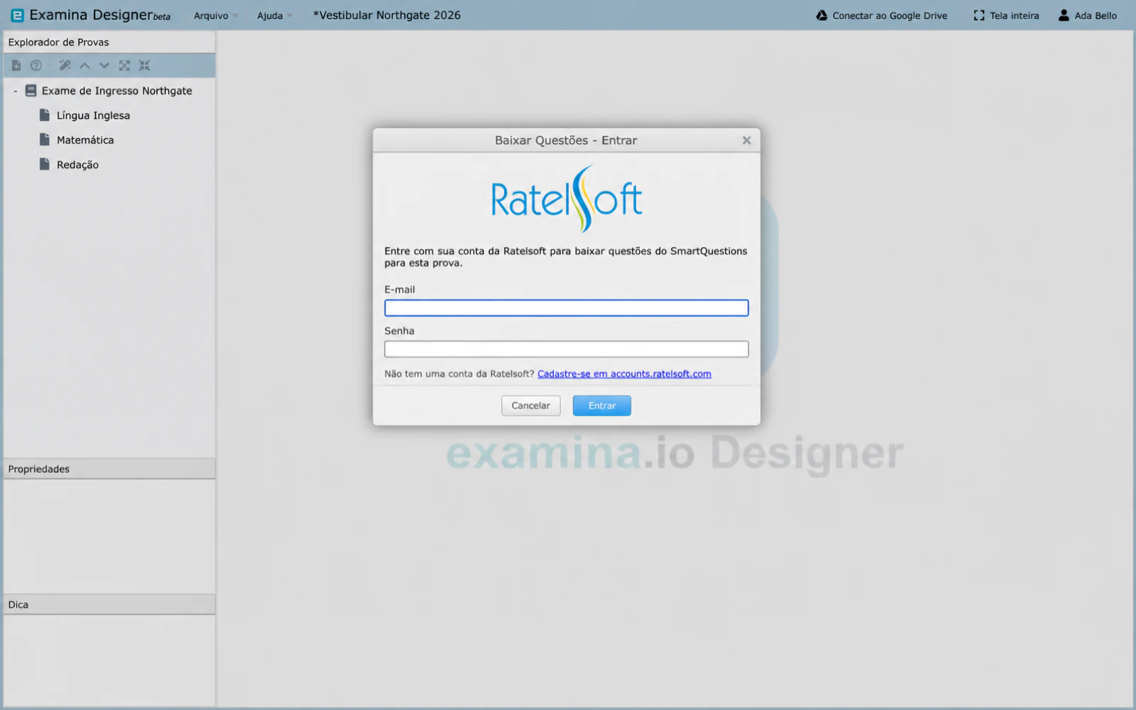 A caixa de diálogo Baixar Questões solicitando login na conta Ratelsoft