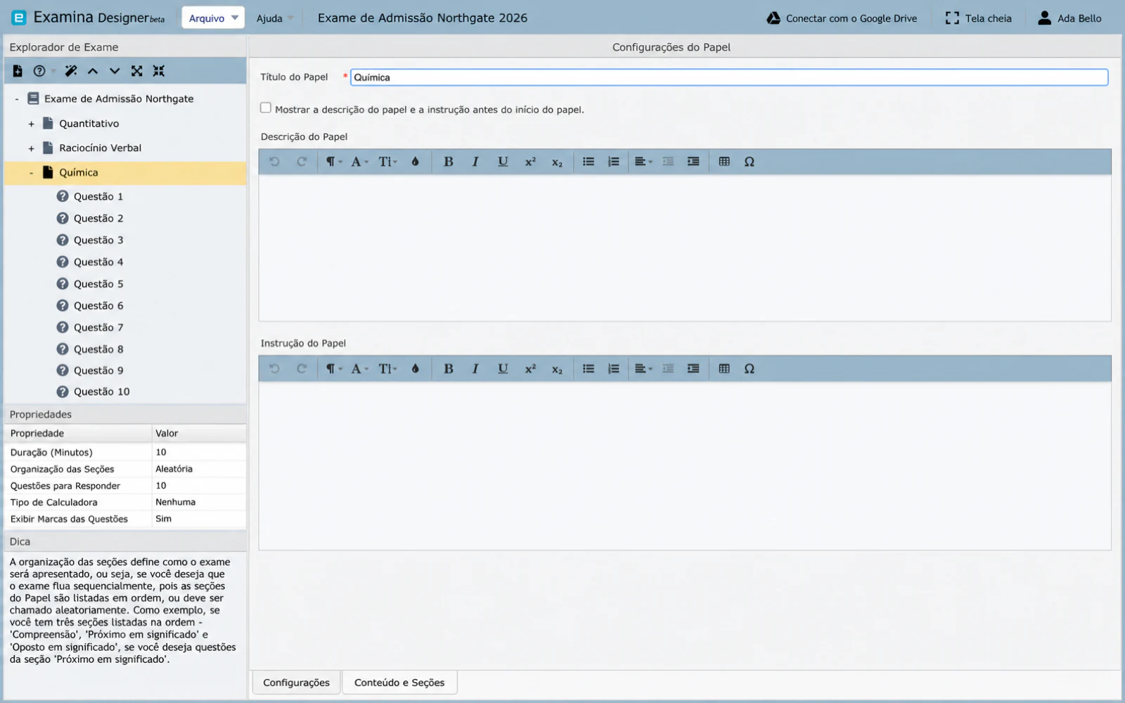 Uma prova selecionada no Exam Explorer, com suas questões listadas abaixo dela