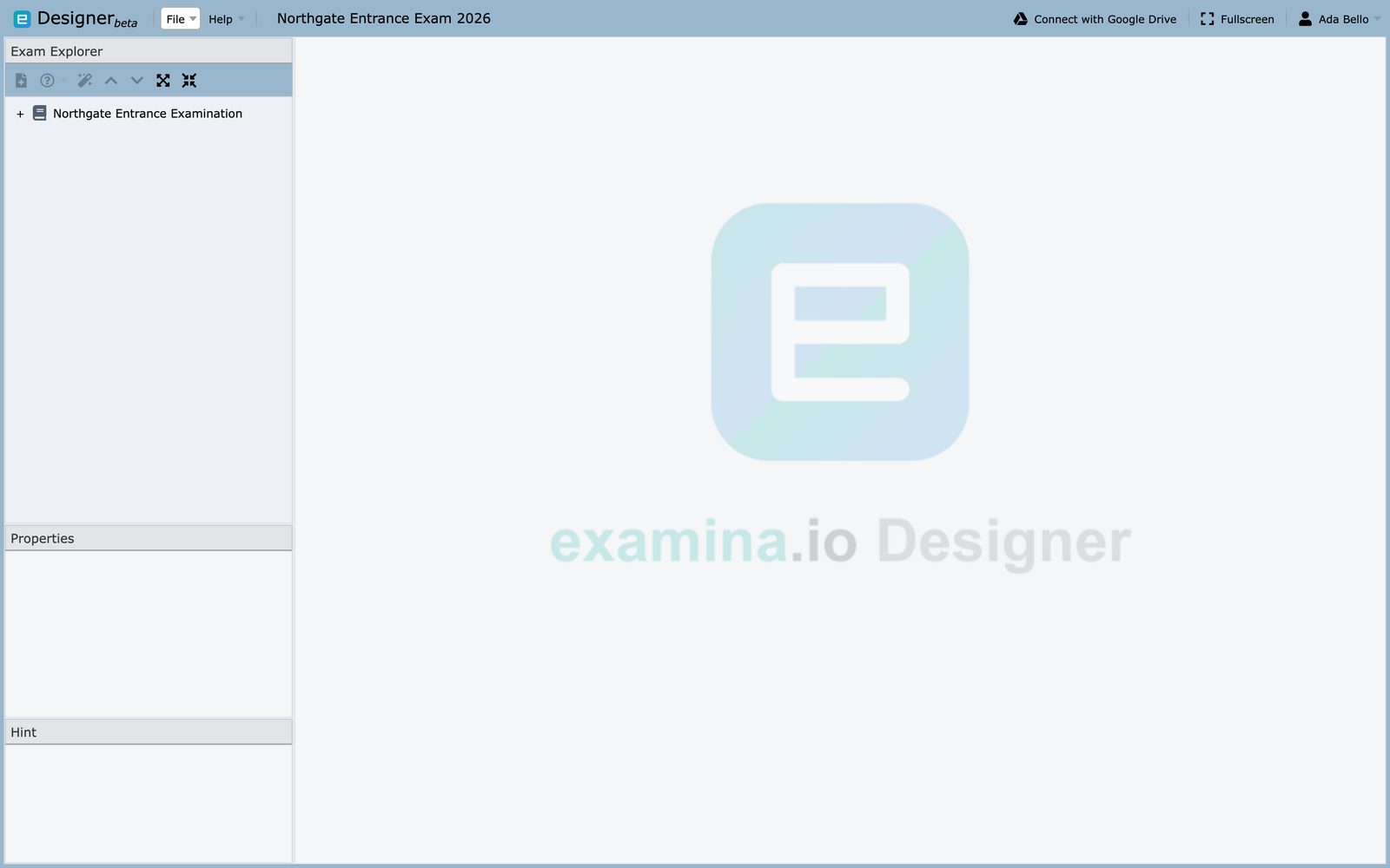O projeto de exemplo aberto, com seu exame no Exam Explorer